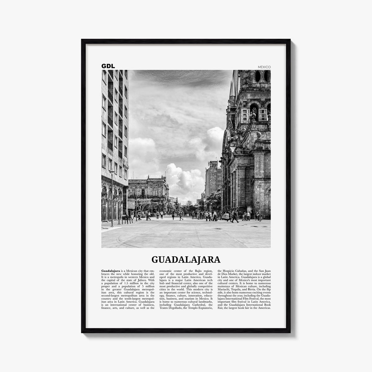 Guadalajara no. 2 black & white newspaper poster of Mexico – vertical wall art, unframed print shown in interior mockup