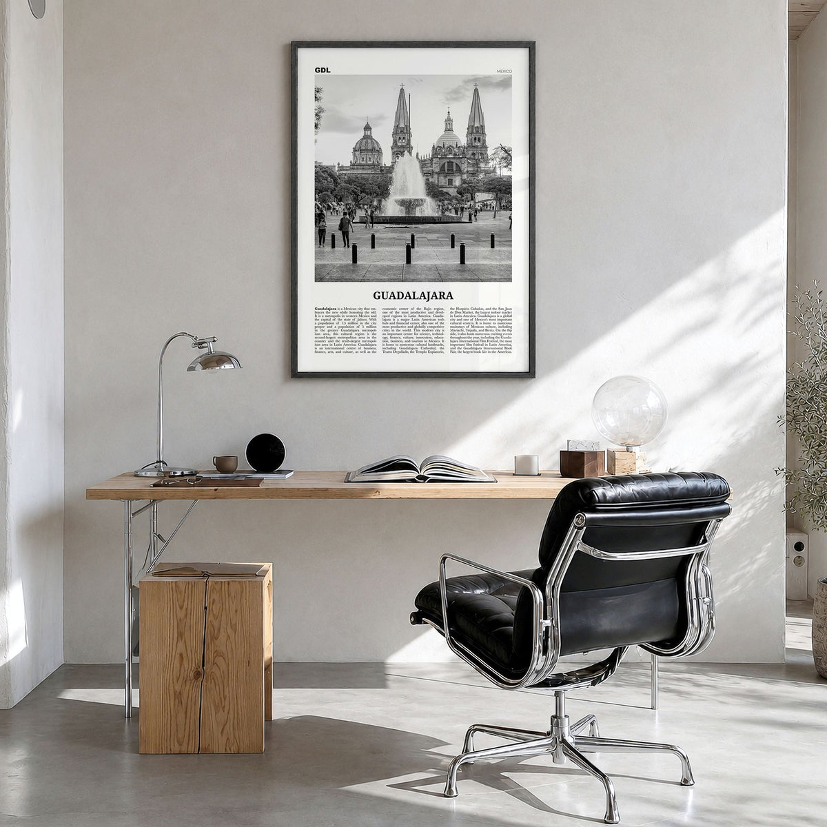 Guadalajara Newspaper No 1 Poster in a black wood frame, hanging in a bright home office