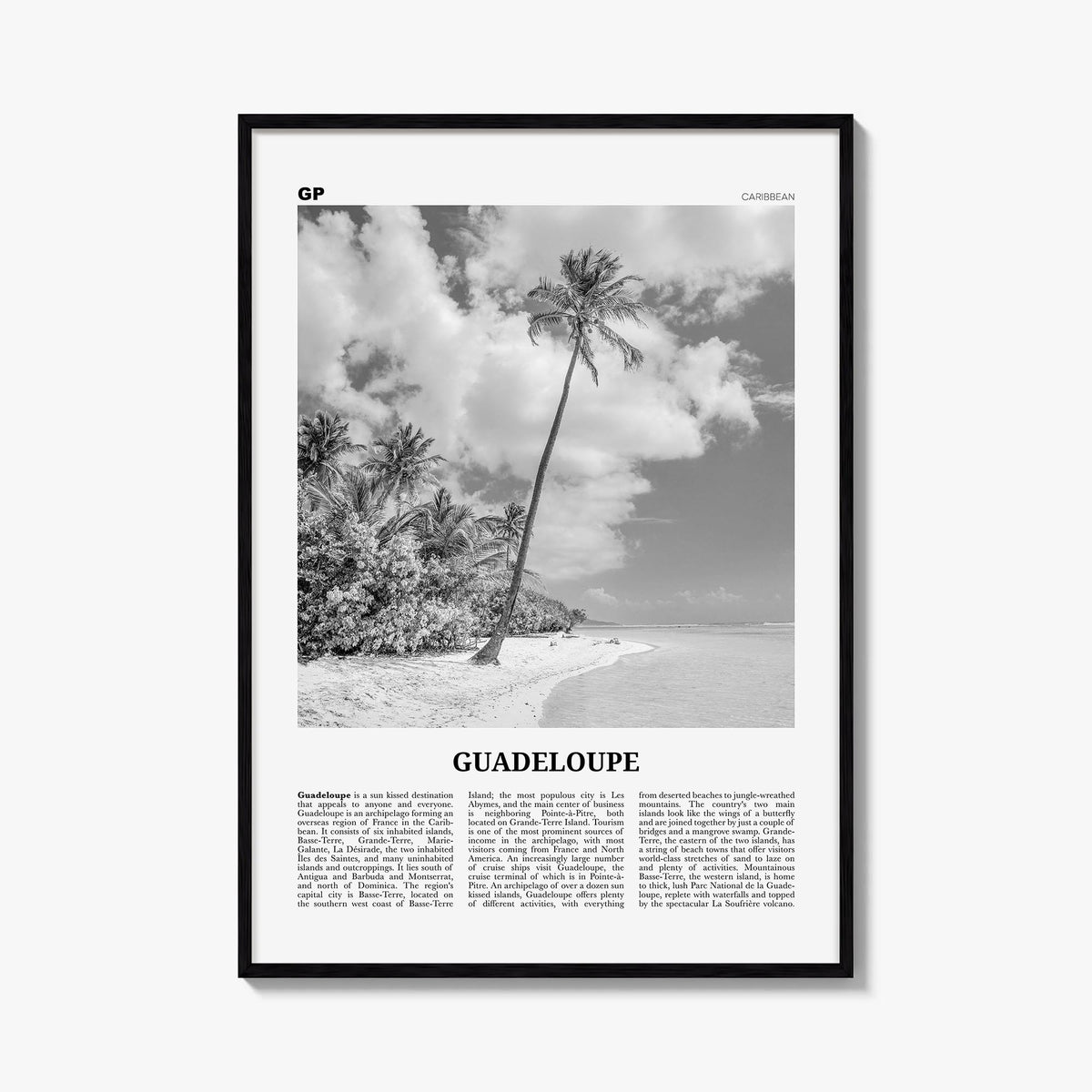Guadeloupe black & white newspaper poster of Caribbean – vertical wall art, unframed print shown in interior mockup