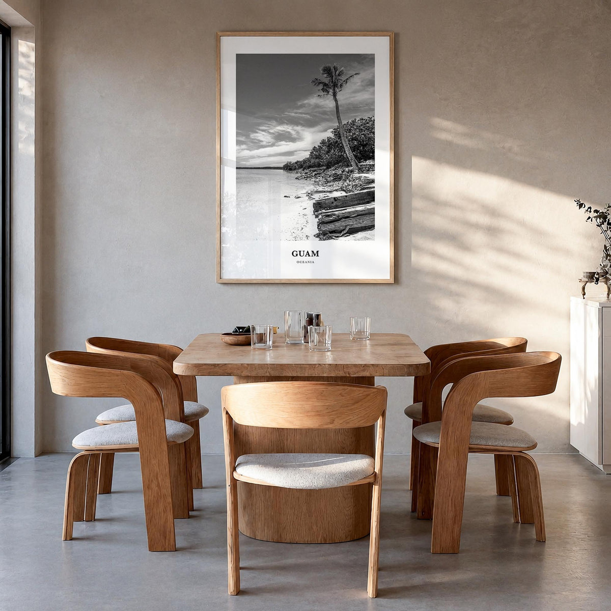 Guam black & white classic poster of Oceania – vertical wall art in natural wood frame, hanging on wall
