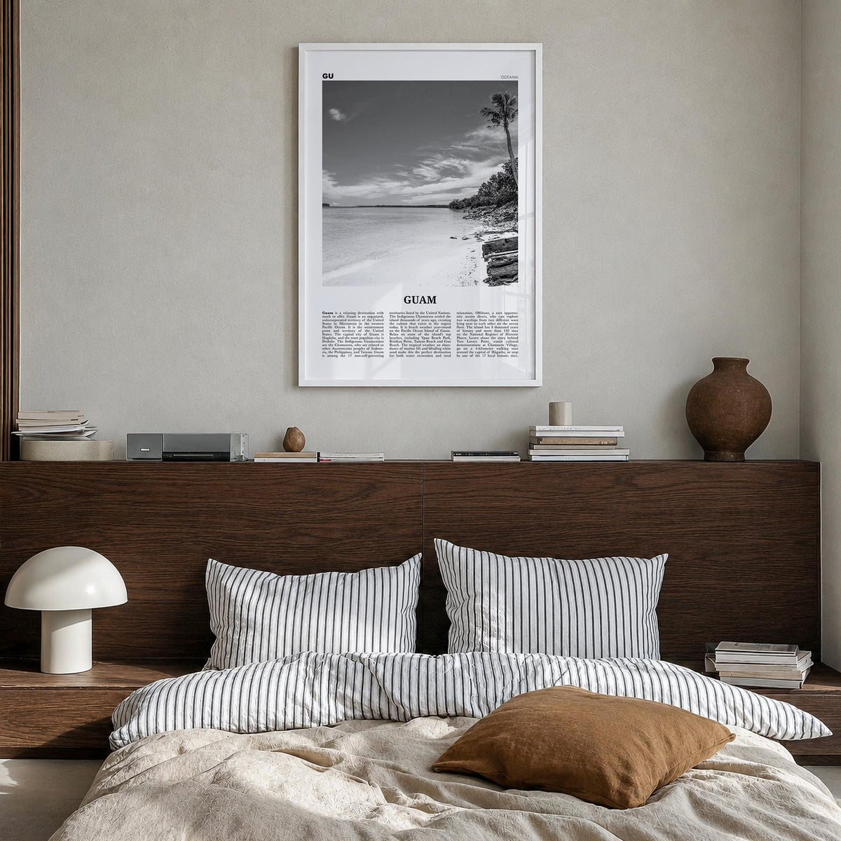 Guam black & white newspaper poster of Oceania – vertical wall art in white wood frame, hanging on wall