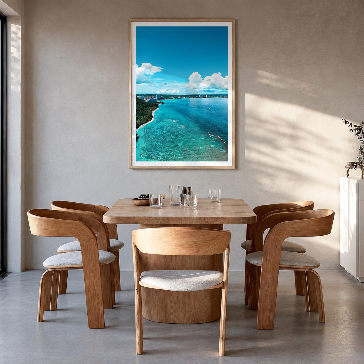 Guam no. 1 colorful photo poster of Oceania – vertical wall art in natural wood frame with white border, hanging on wall