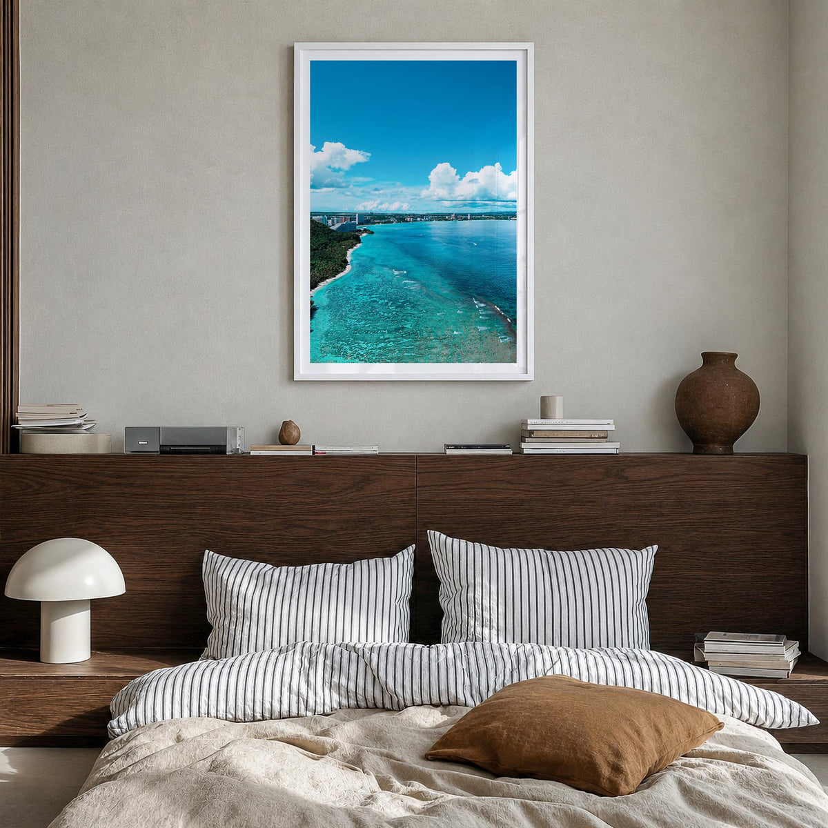 Guam no. 1 colorful photo poster of Oceania – vertical wall art in white wood frame with white border, hanging on wall