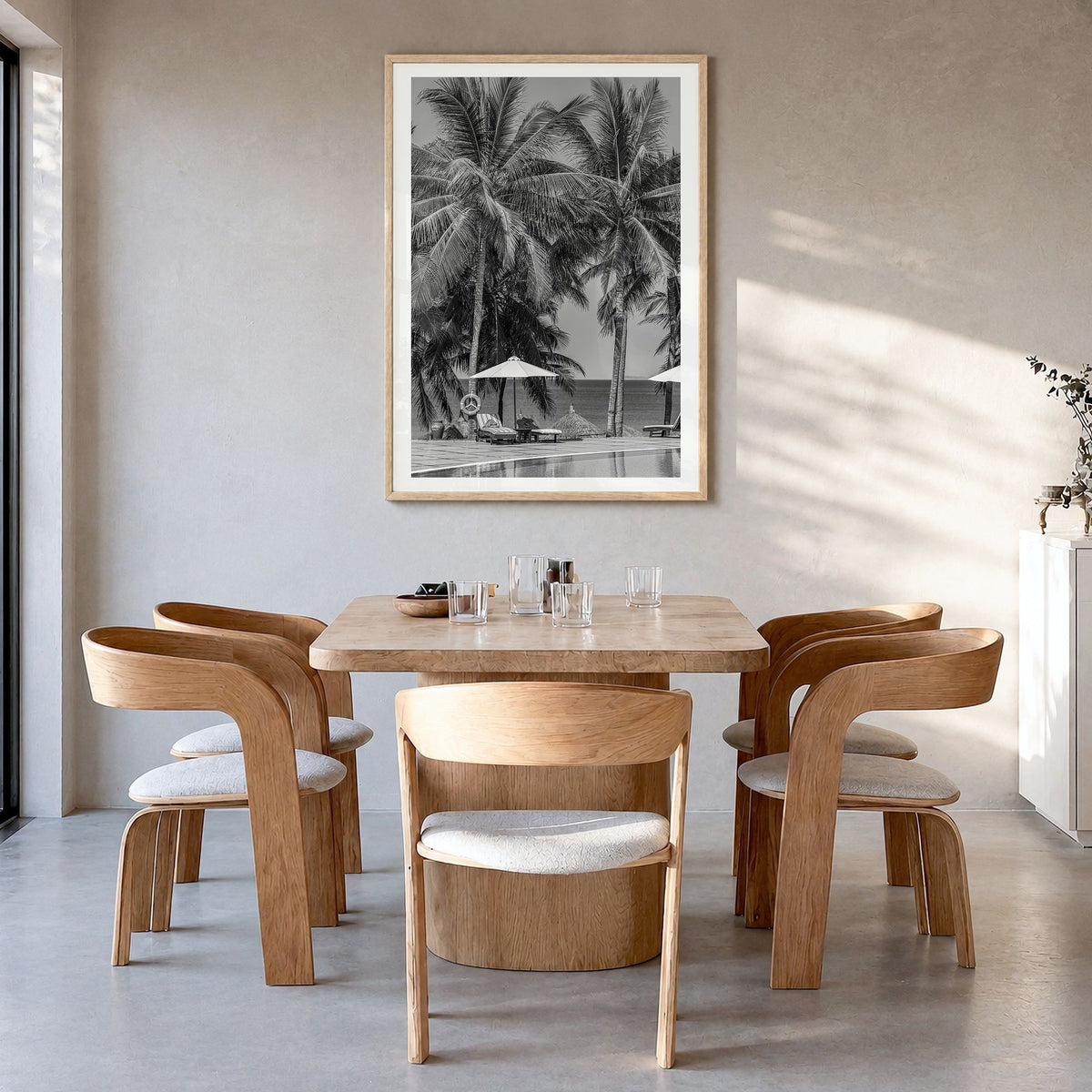 Guam Photo No 2 Poster in a natural wood frame, hanging in a dining room, white border