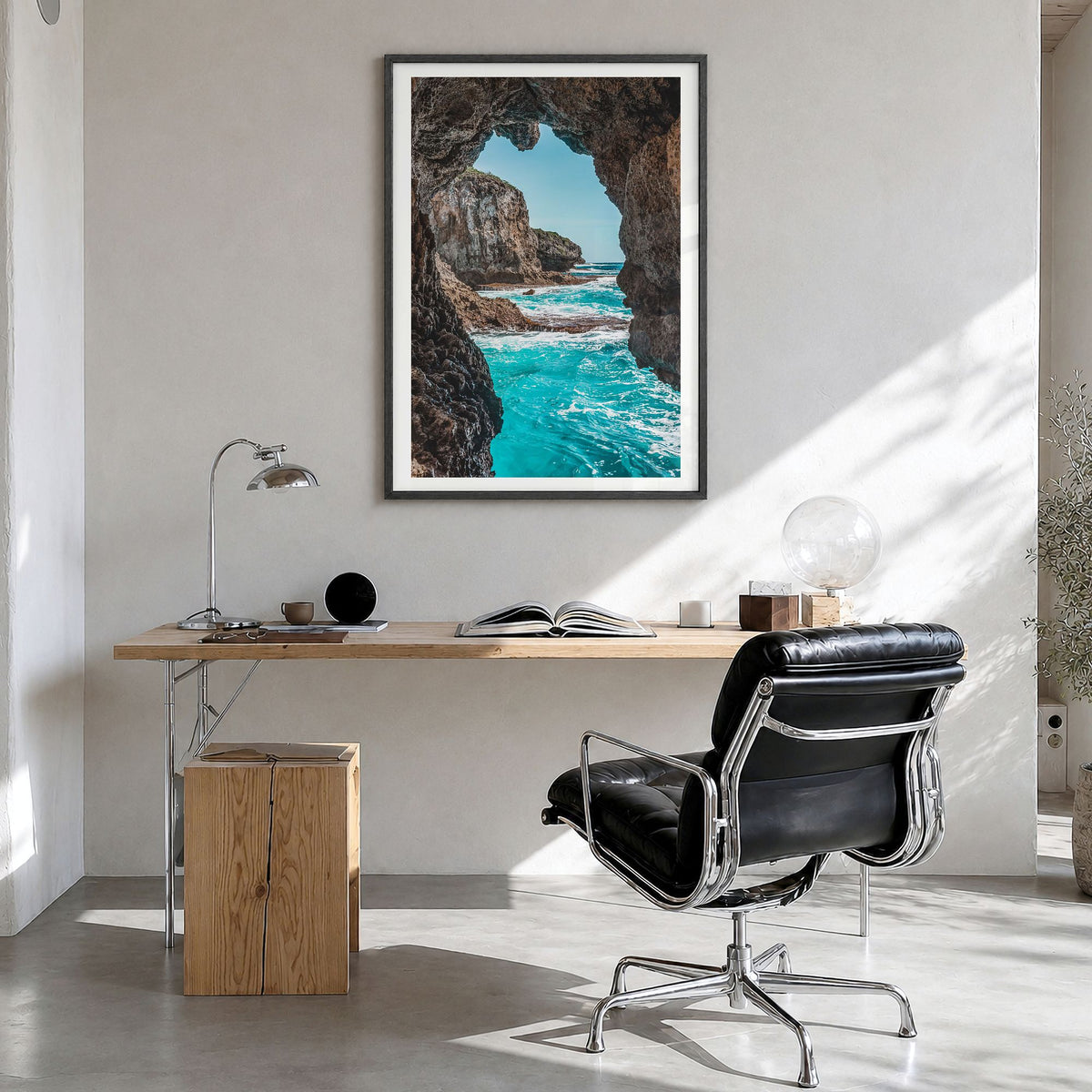 Guam Photo No 2 Poster in a black wood frame, hanging in a bright home office, white border