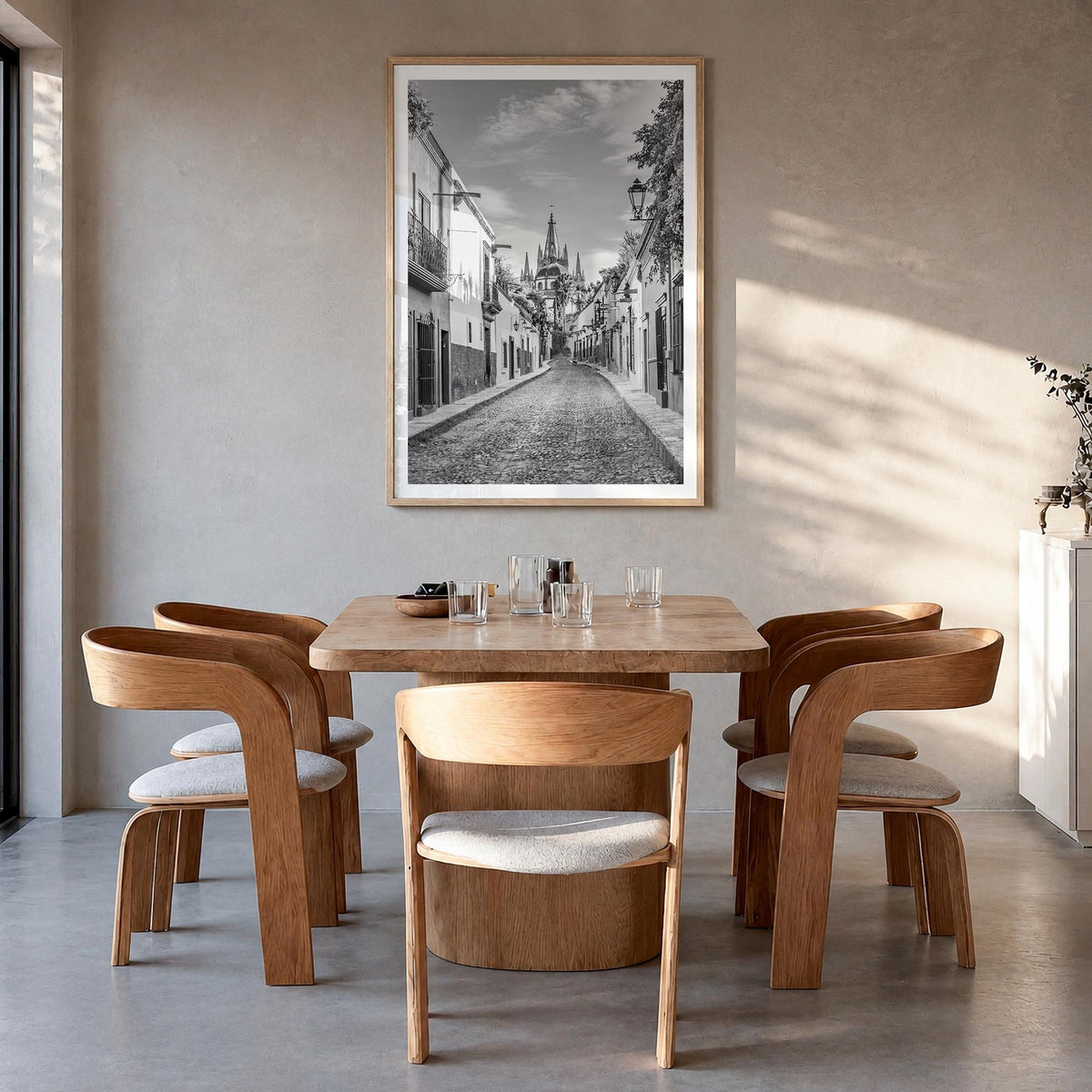 Guanajuato City black & white photo poster of Mexico – vertical wall art in natural wood frame with white border, hanging on