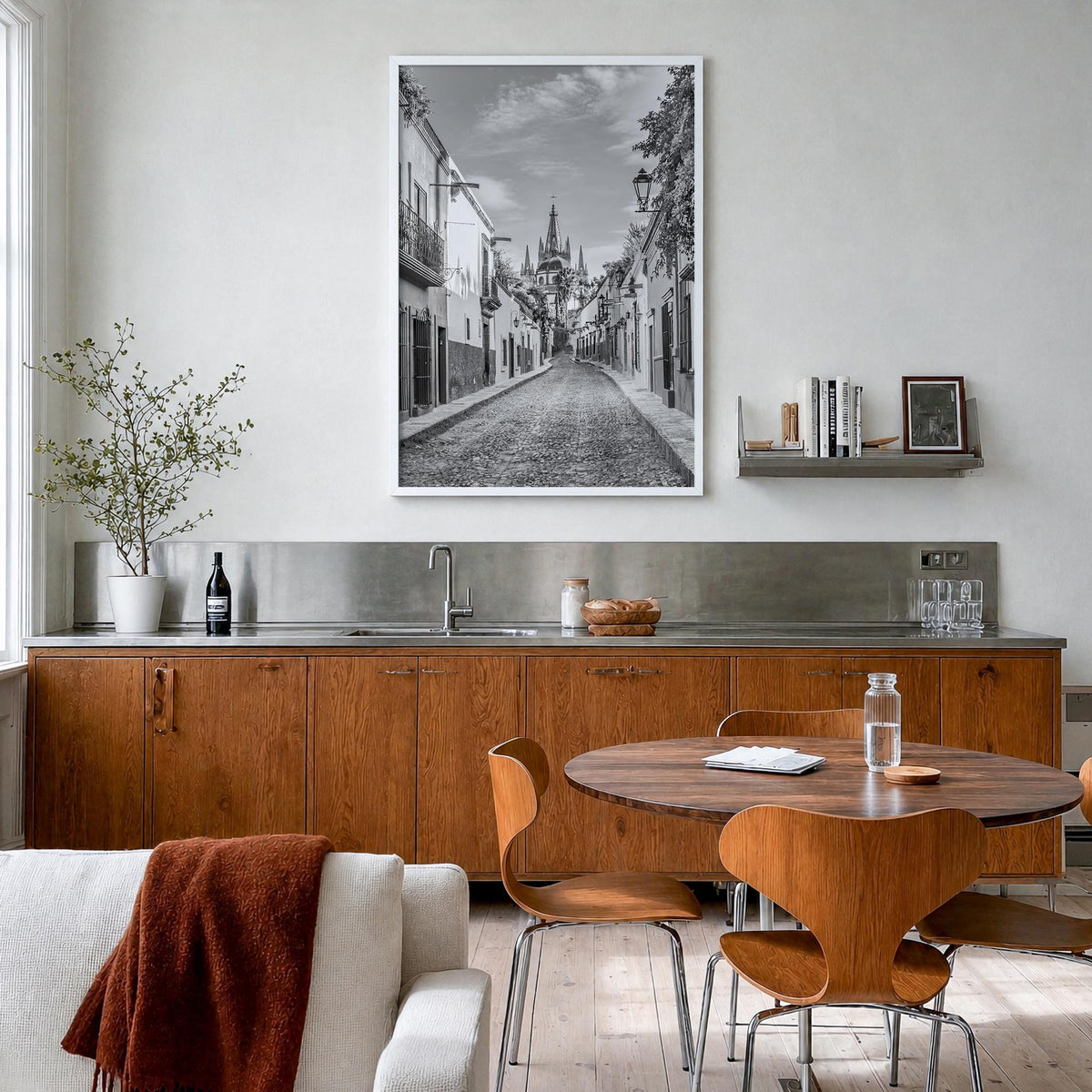 Guanajuato City black & white photo poster of Mexico – vertical wall art in white wood frame, hanging on wall