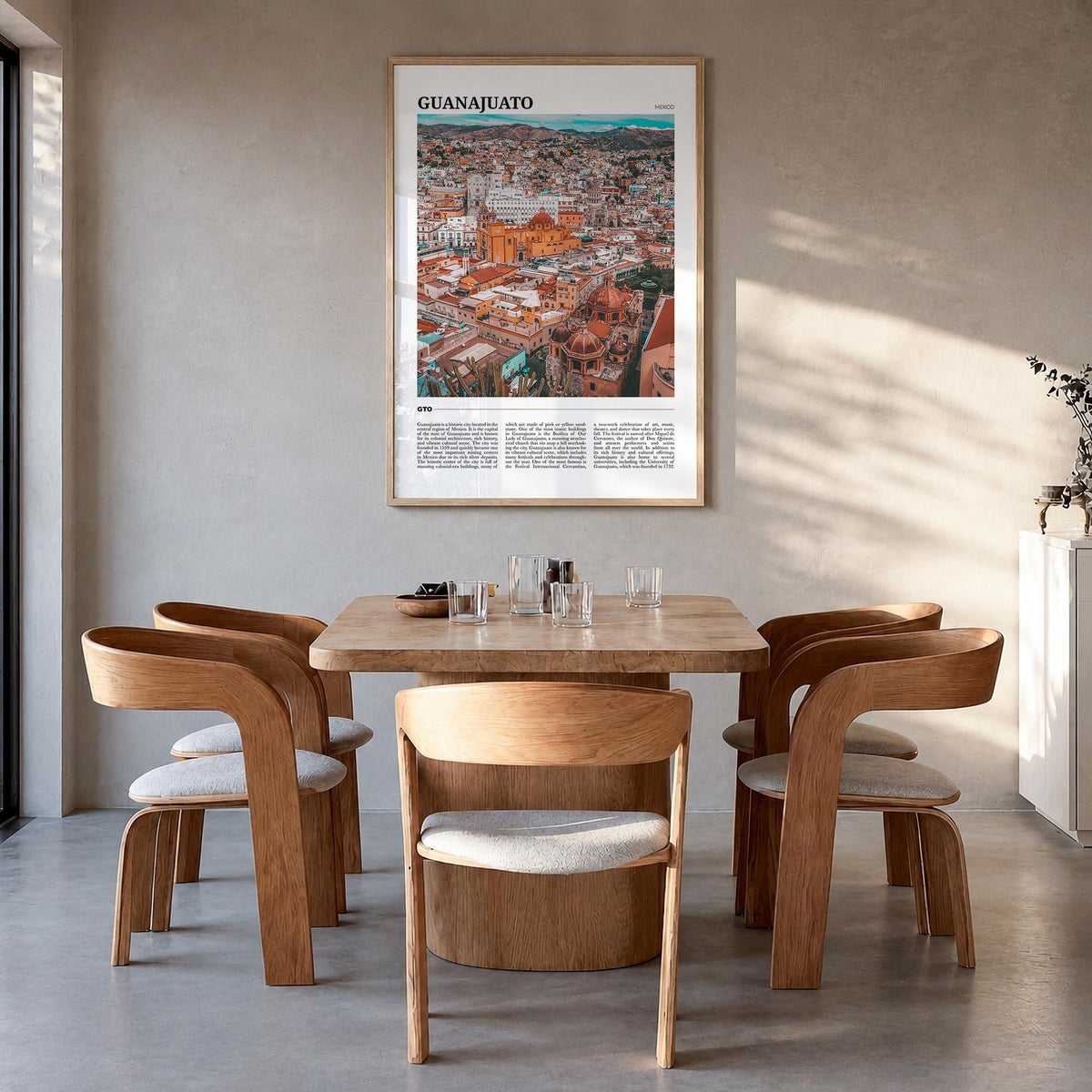 Guanajuato City colorful travel poster of Mexico – vertical wall art in natural wood frame, hanging on wall