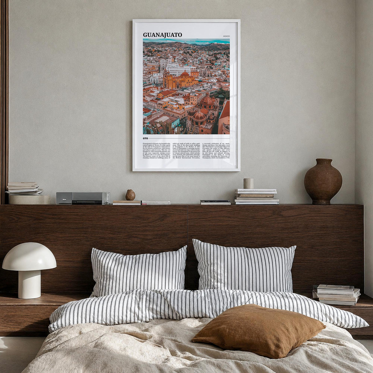 Guanajuato City colorful travel poster of Mexico – vertical wall art in white wood frame, hanging on wall