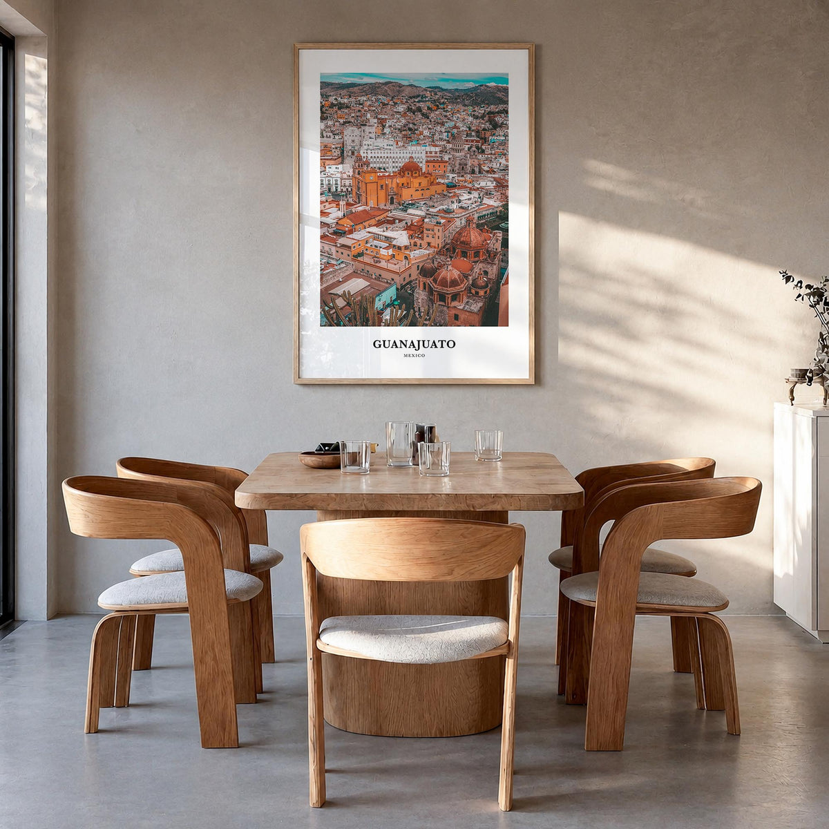 Guanajuato City no. 2 colorful classic poster of Mexico – vertical wall art in natural wood frame, hanging on wall