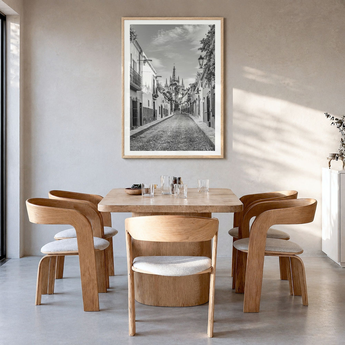 Guanajuato City Photo Poster in a natural wood frame, hanging in a dining room, white border