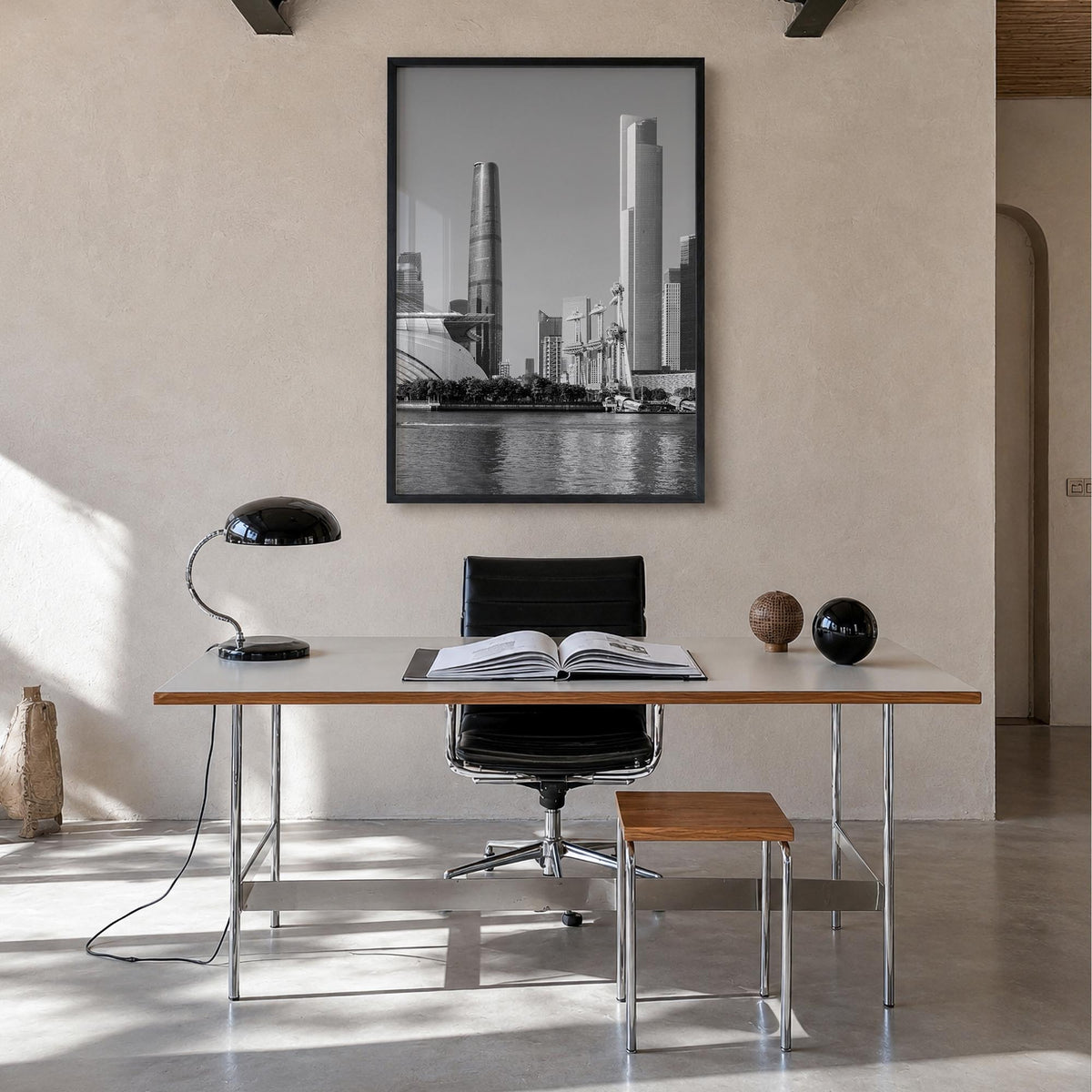 Guangzhou black & white photo poster of China – vertical wall art in black wood frame, hanging on wall