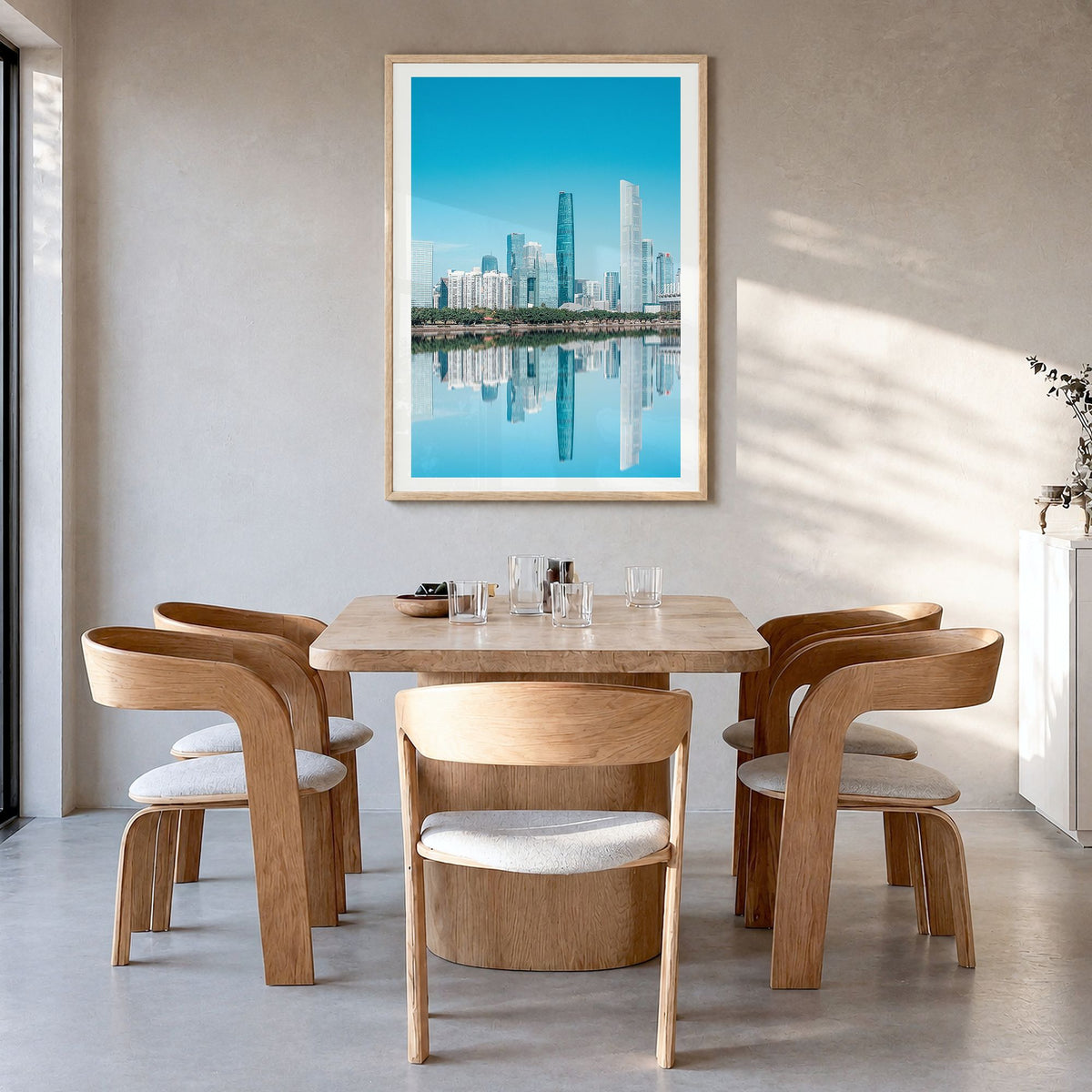 Guangzhou Photo Poster in a natural wood frame, hanging in a dining room, white border
