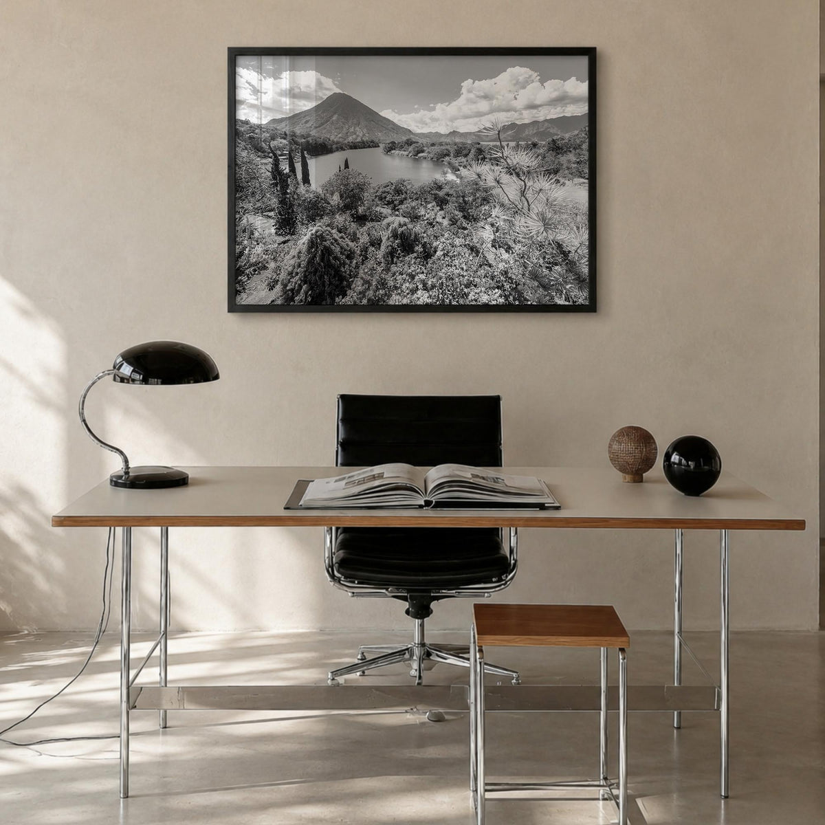 Guatemala black & white photo poster of Central America – horizontal wall art in black wood frame, hanging on wall