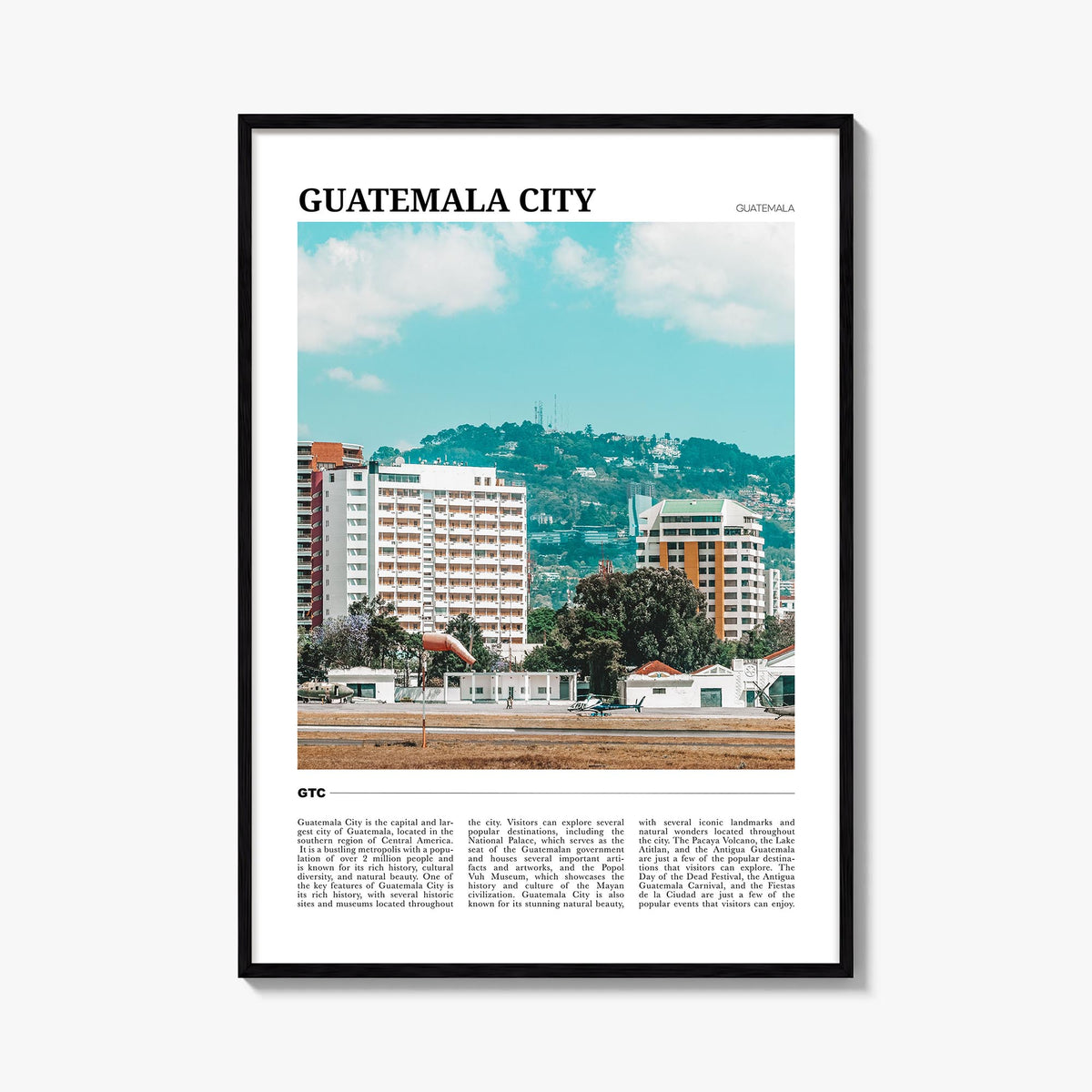 Guatemala City colorful travel poster of Guatemala – vertical wall art, unframed print shown in interior mockup