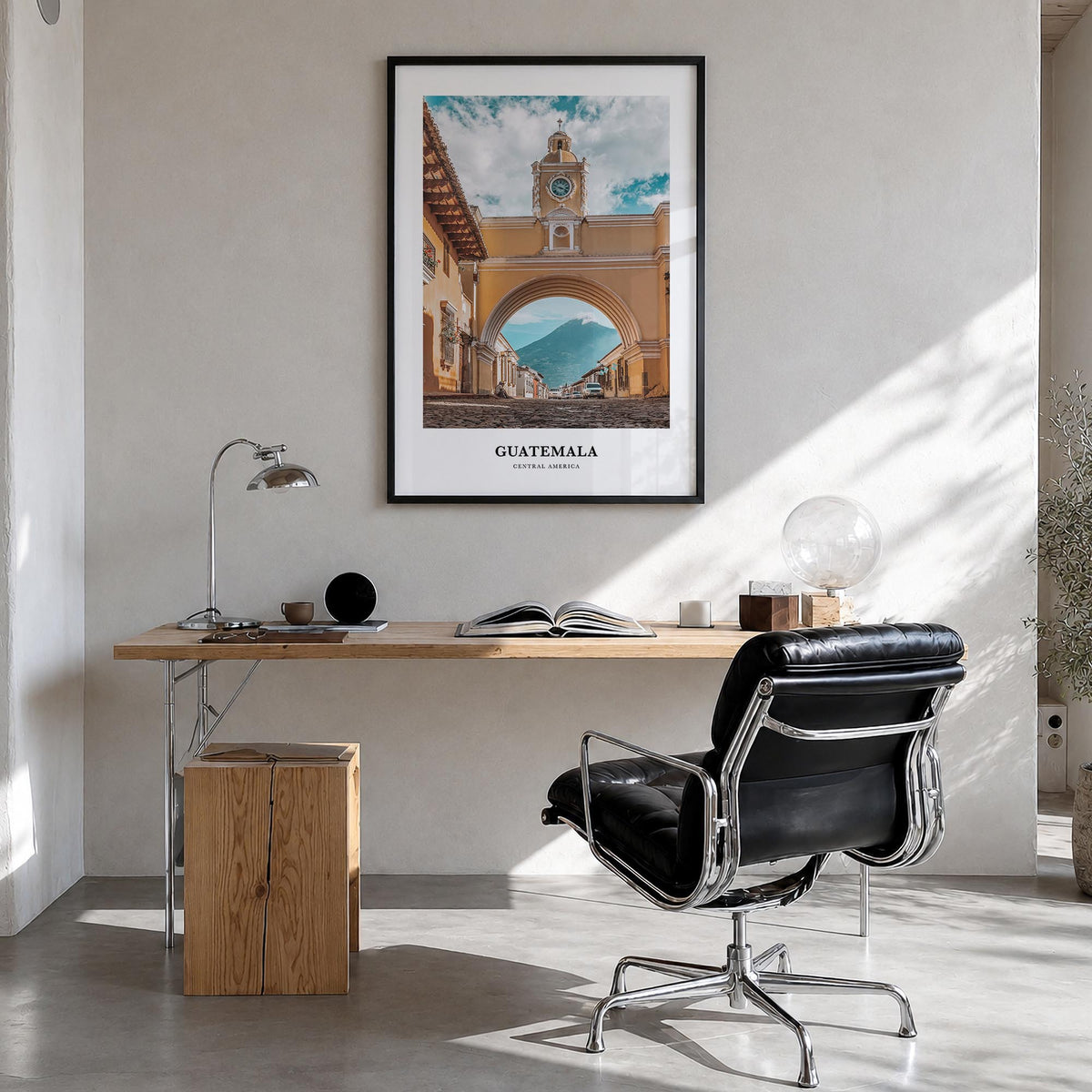 Guatemala colorful classic poster of Central America – vertical wall art in black wood frame, hanging on wall