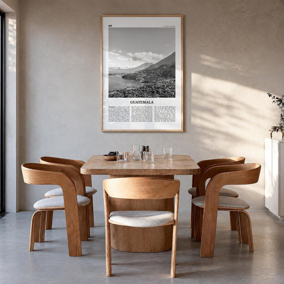 Guatemala no. 2 black & white newspaper poster of Central America – vertical wall art in natural wood frame, hanging on wall