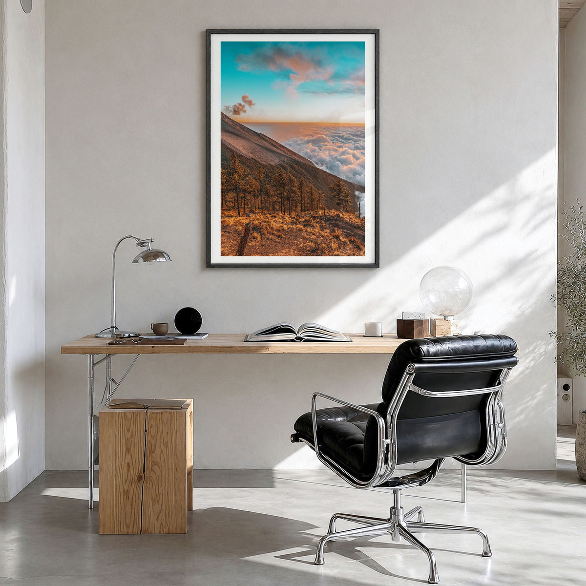 Guatemala Photo Poster in a black wood frame, hanging in a bright home office, white border