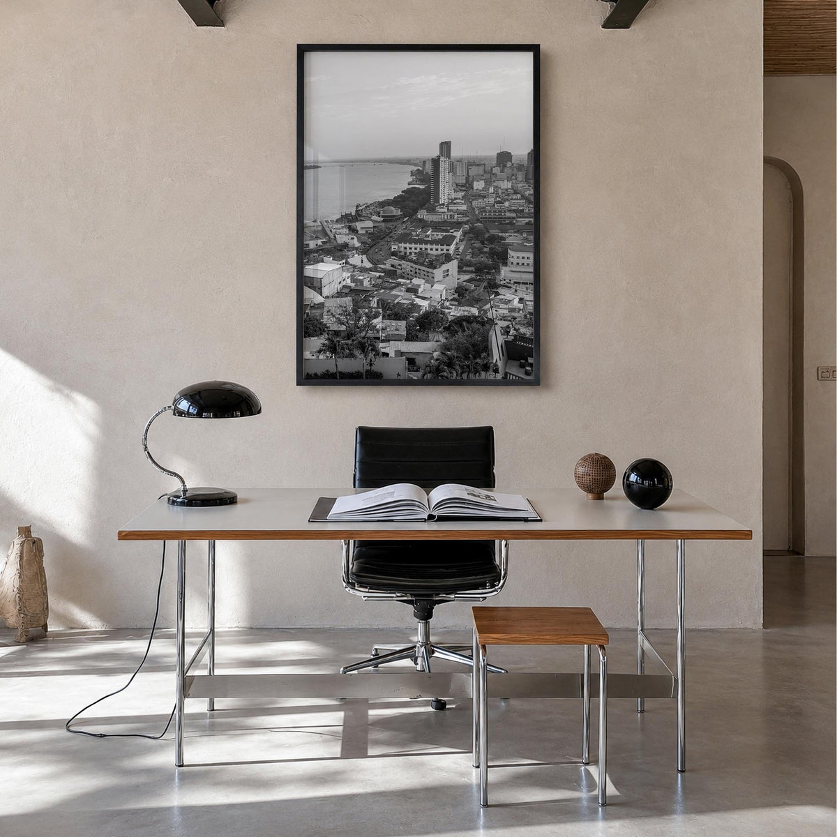 Guayaquil black & white photo poster of Ecuador – vertical wall art in black wood frame, hanging on wall