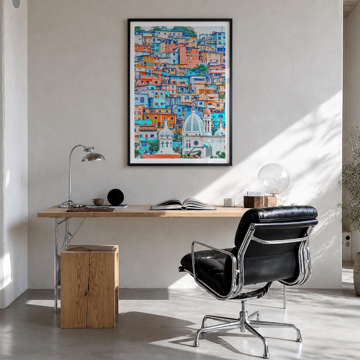 Guayaquil colorful photo poster of Ecuador – vertical wall art in black wood frame with white border, hanging on wall