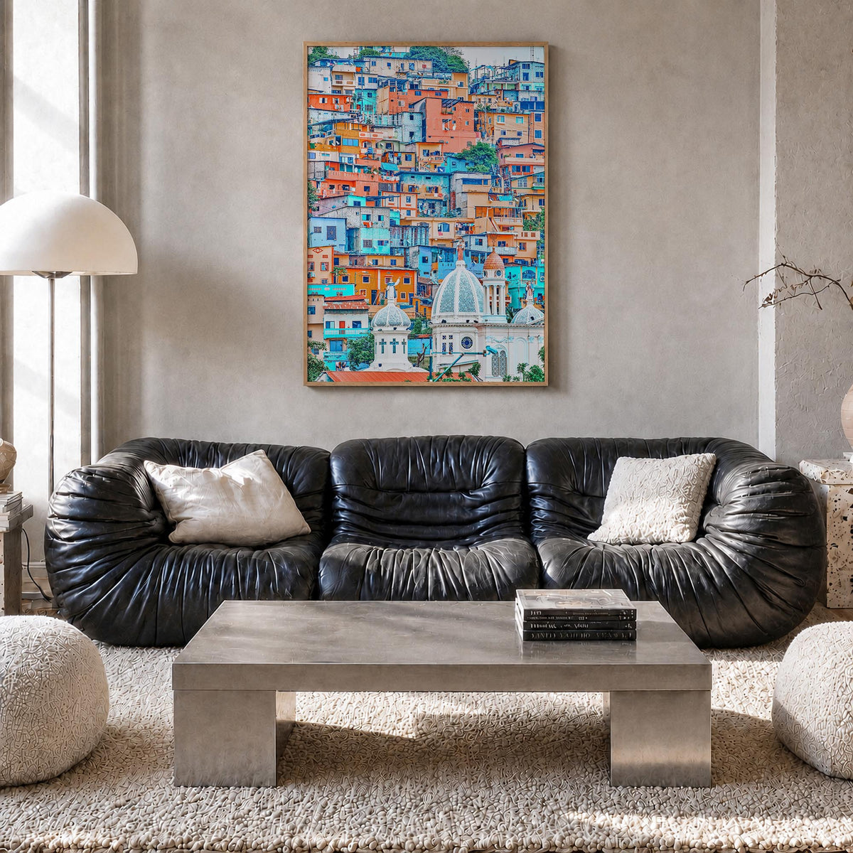 Guayaquil colorful photo poster of Ecuador – vertical wall art in natural wood frame, hanging on wall