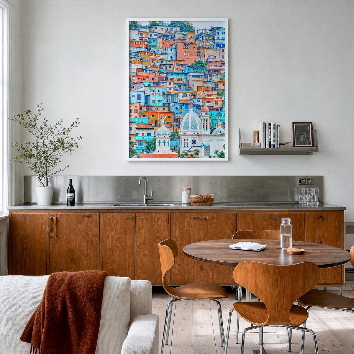 Guayaquil colorful photo poster of Ecuador – vertical wall art in white wood frame, hanging on wall