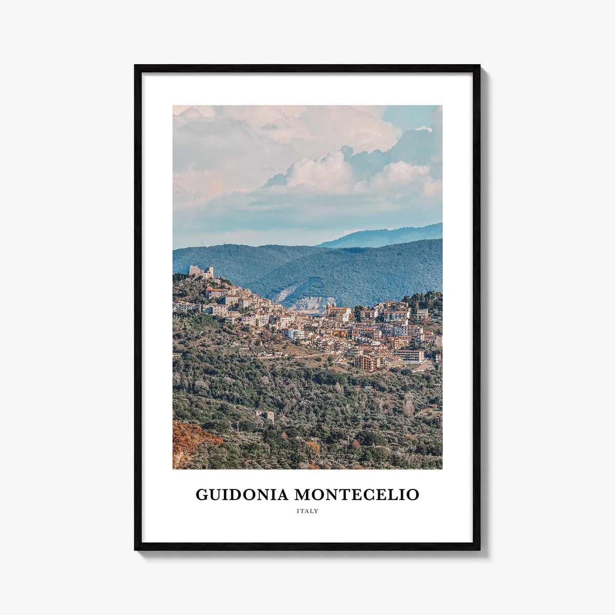 Guidonia Montecelio colorful classic poster of Italy – vertical wall art, unframed print shown in interior mockup