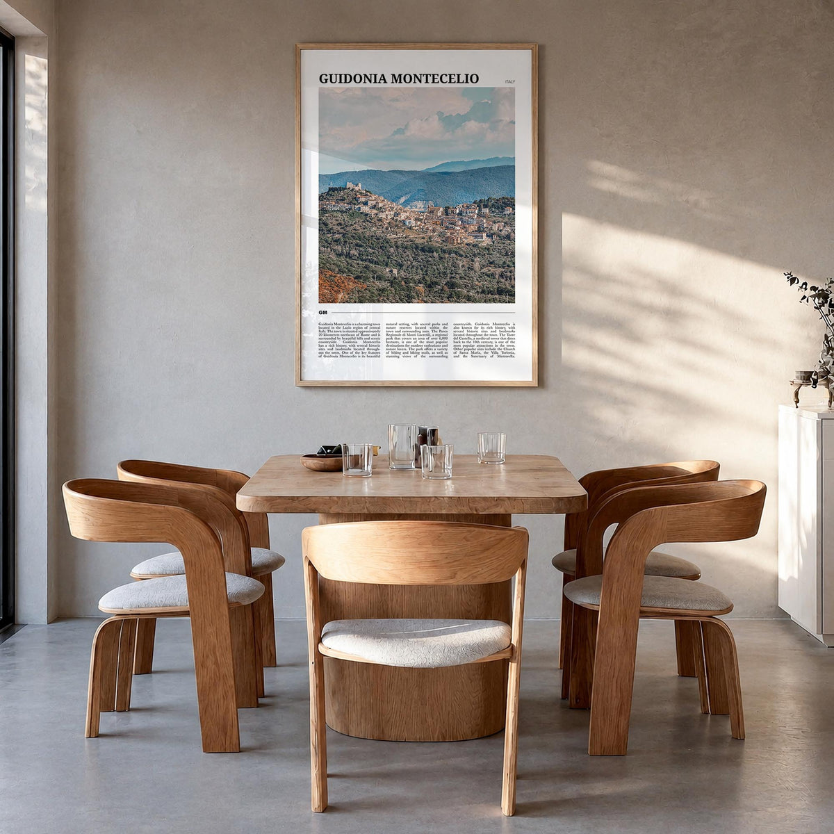 Guidonia Montecelio colorful travel poster of Italy – vertical wall art in natural wood frame, hanging on wall