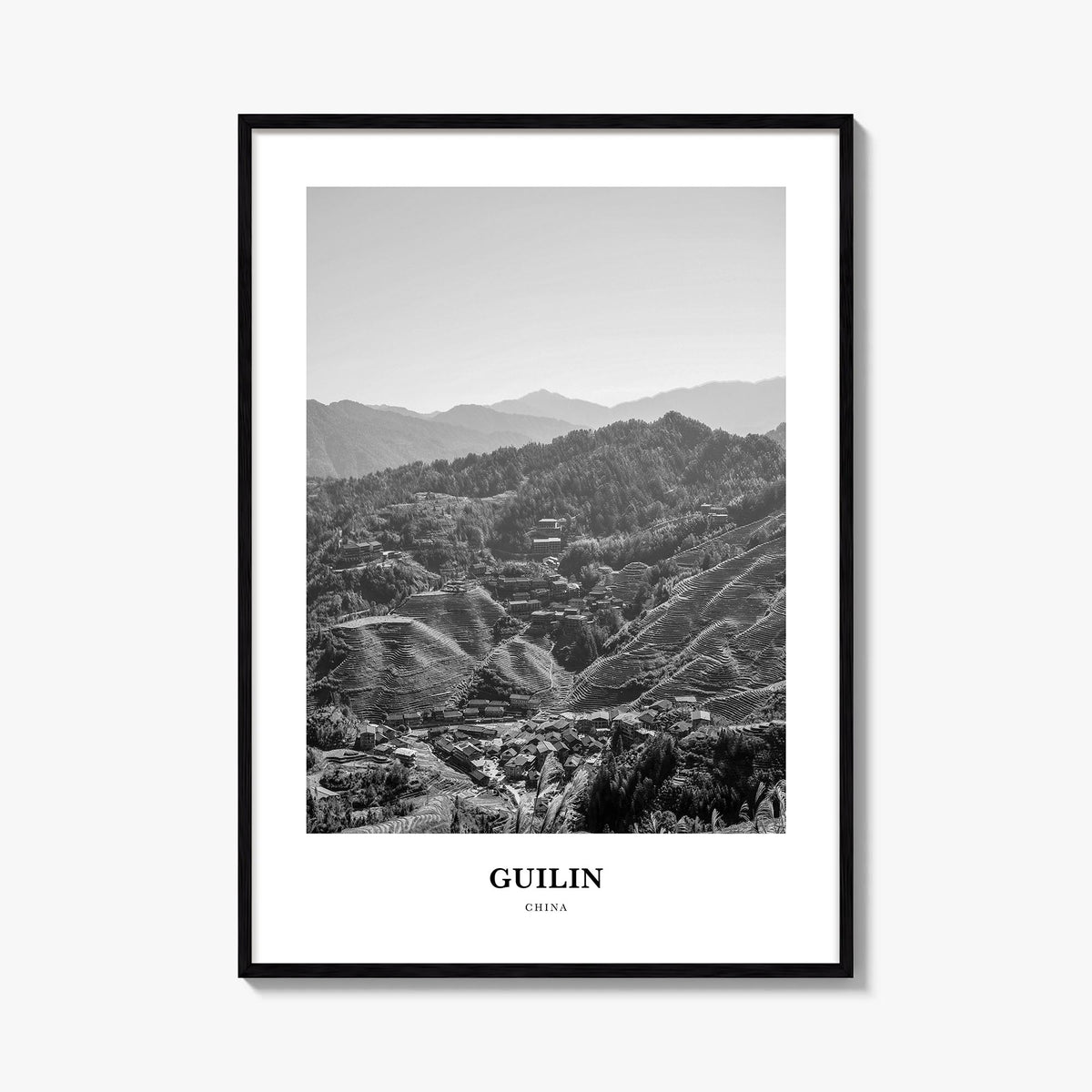 Guilin black & white classic poster of China – vertical wall art, unframed print shown in interior mockup