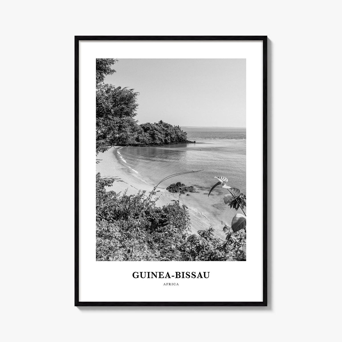 Guinea-Bissau black & white classic poster of Africa – vertical wall art, unframed print shown in interior mockup
