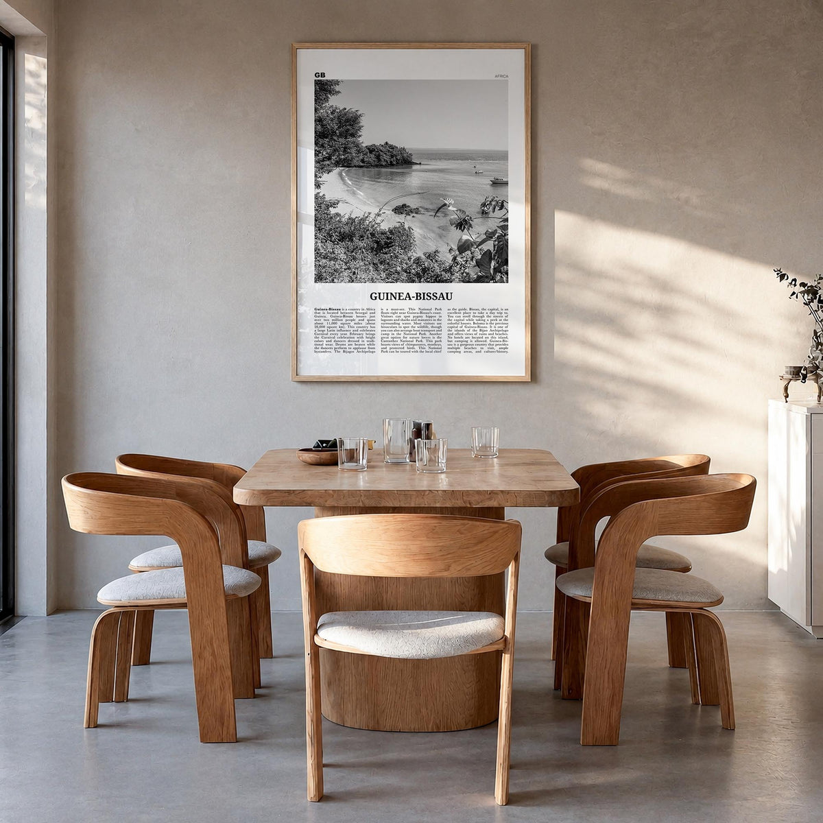 Guinea-Bissau black & white newspaper poster of Africa – vertical wall art in natural wood frame, hanging on wall