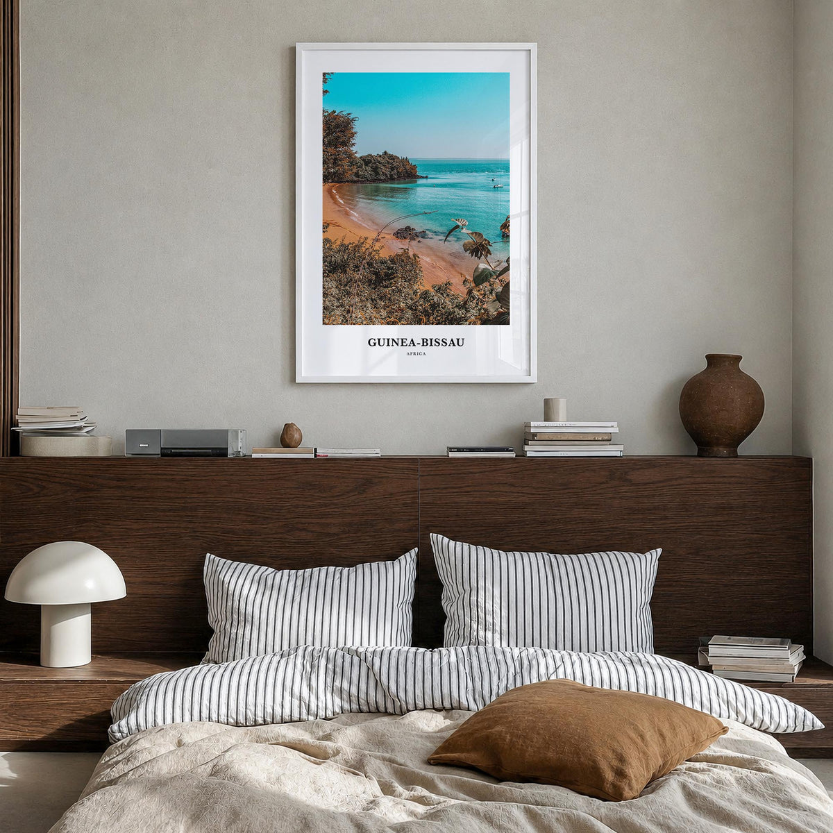Guinea-Bissau colorful classic poster of Africa – vertical wall art in white wood frame, hanging on wall