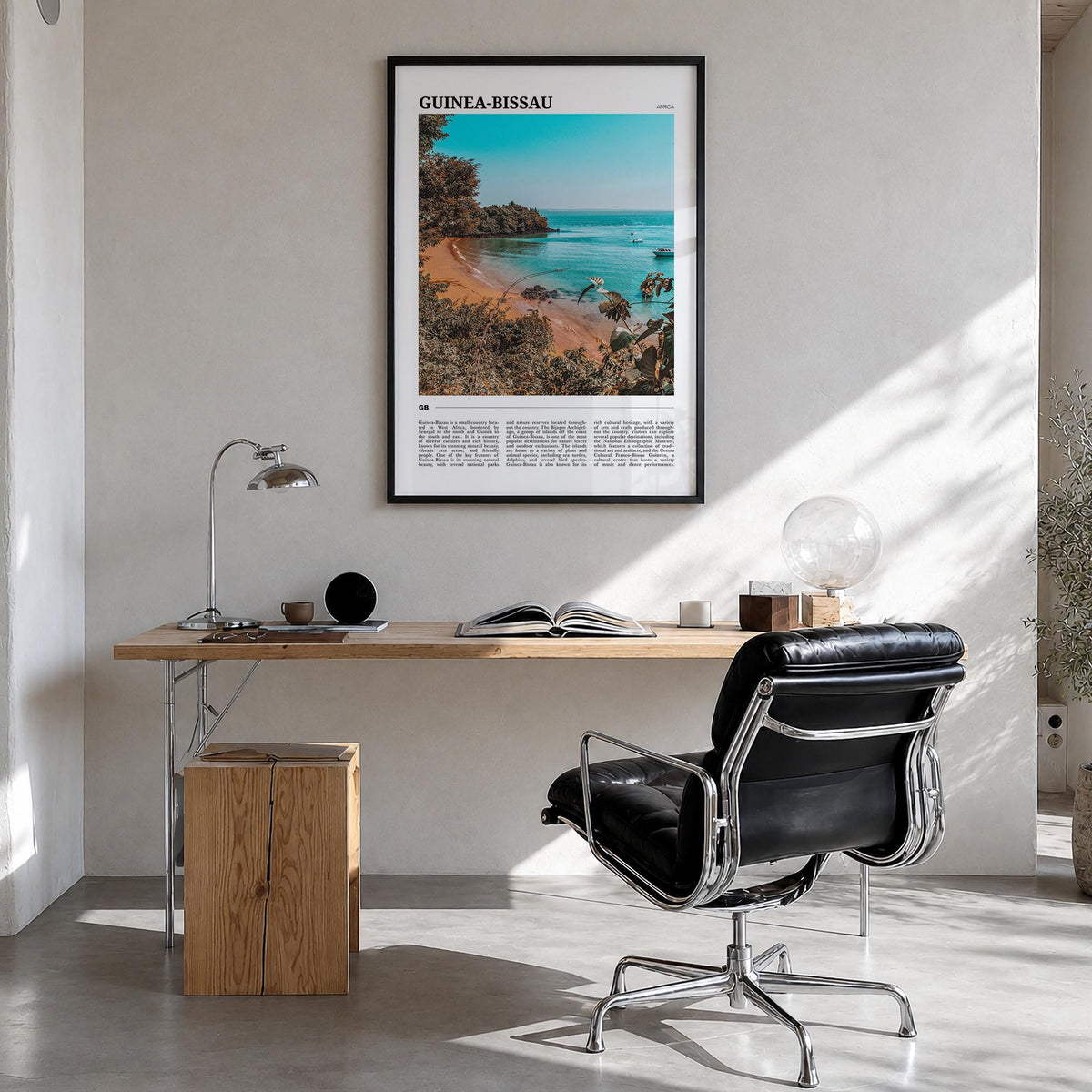 Guinea-Bissau colorful travel poster of Africa – vertical wall art in black wood frame, hanging on wall