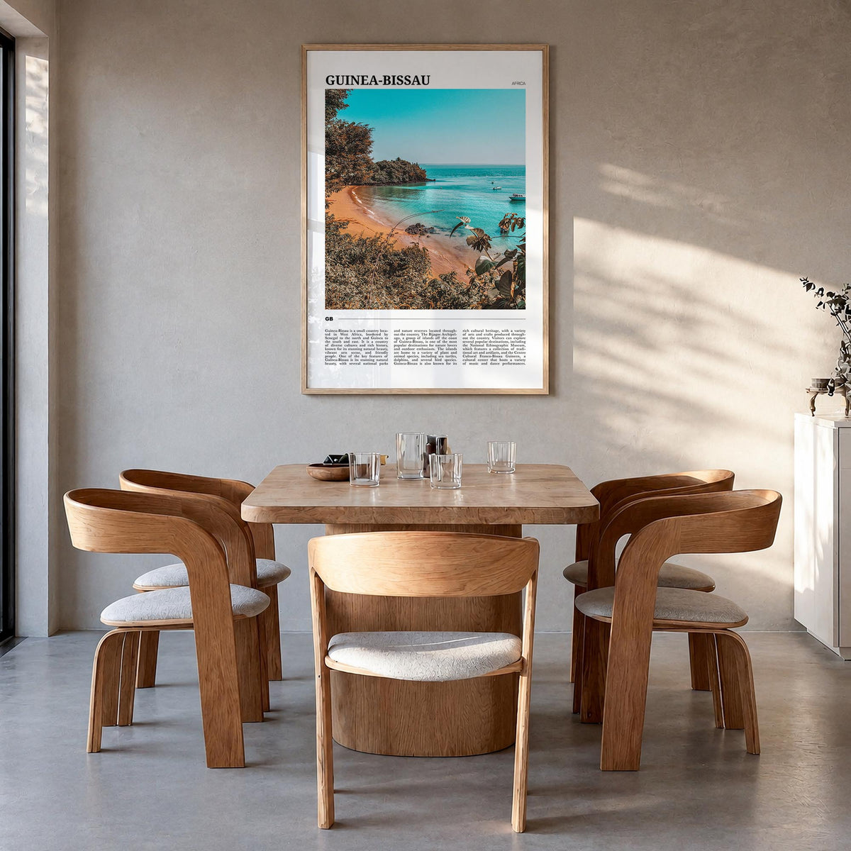 Guinea-Bissau colorful travel poster of Africa – vertical wall art in natural wood frame, hanging on wall