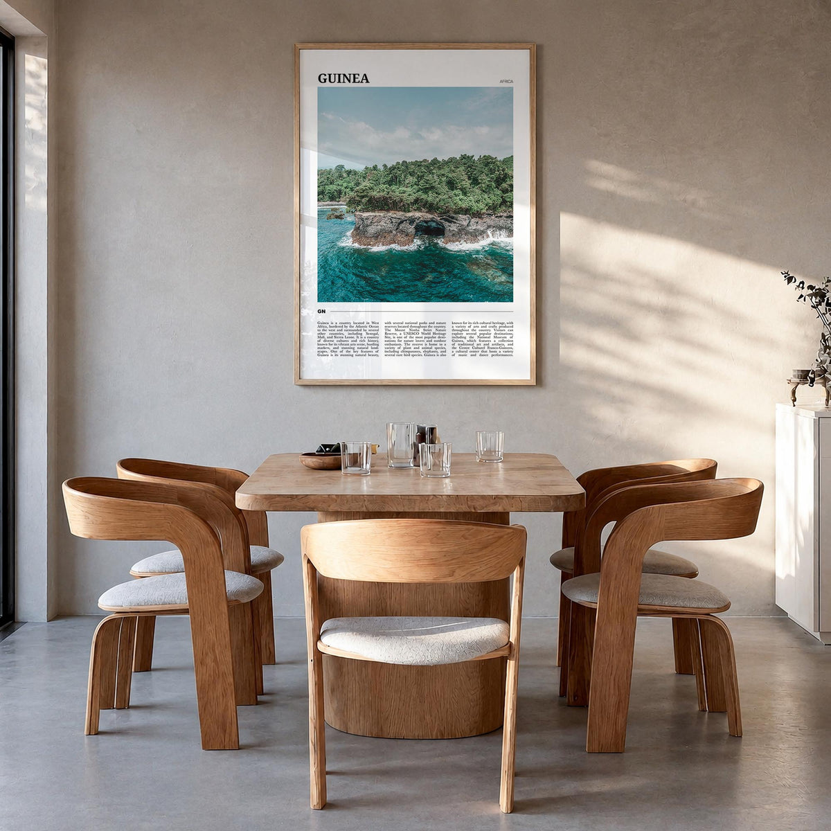 Guinea no. 1 colorful travel poster of Africa – vertical wall art in natural wood frame, hanging on wall