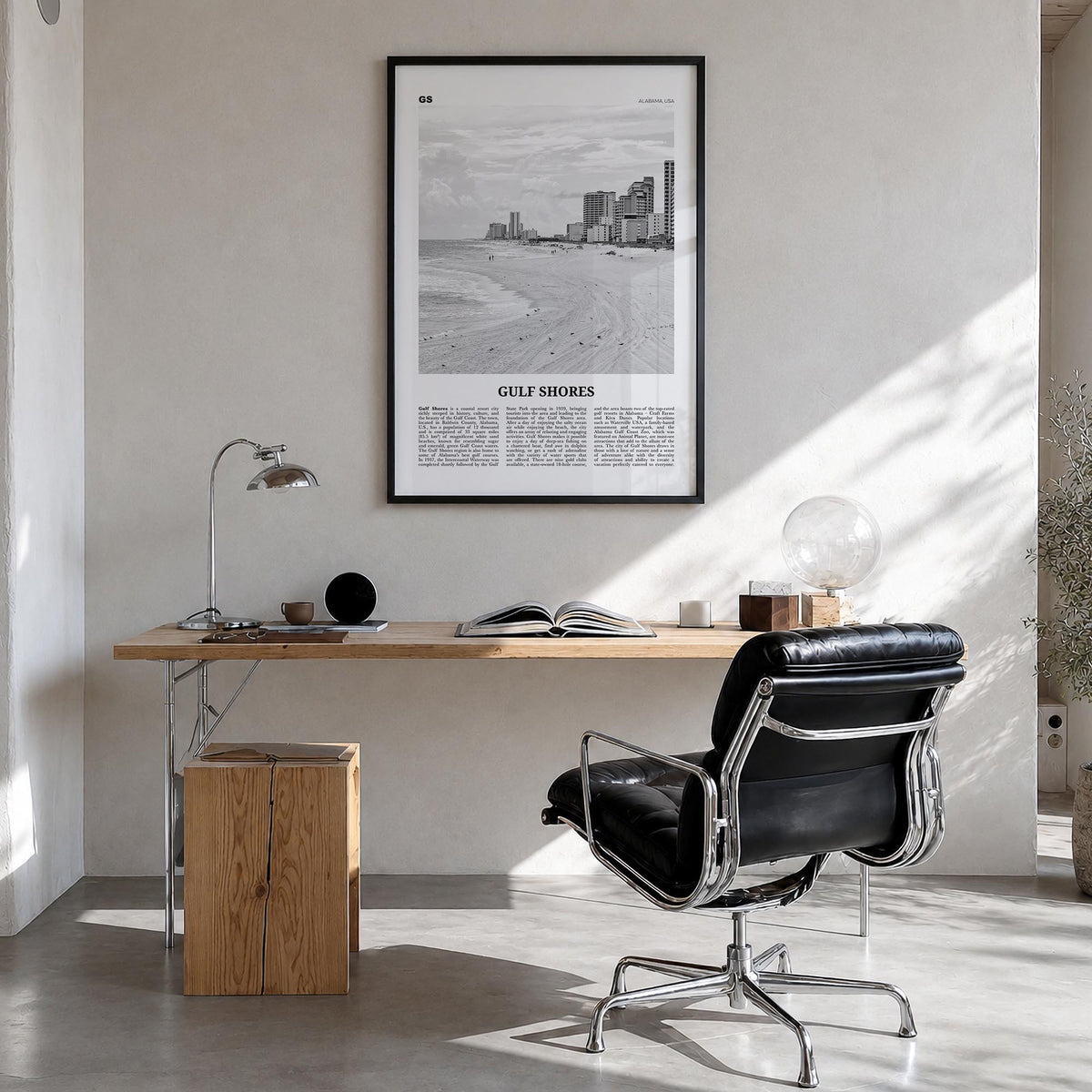 Gulf Shores black & white newspaper poster of Alabama, USA – vertical wall art in black wood frame, hanging on wall