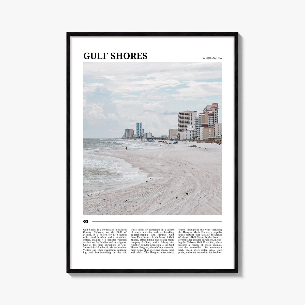 Gulf Shores colorful travel poster of Alabama, USA – vertical wall art, unframed print shown in interior mockup