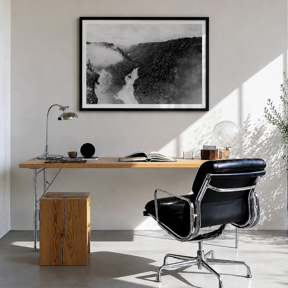 Guyana black & white photo poster of South America – horizontal wall art in black wood frame with white border, hanging on wa