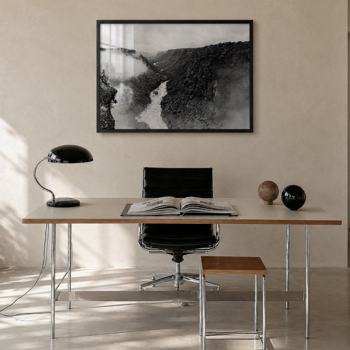 Guyana black & white photo poster of South America – horizontal wall art in black wood frame, hanging on wall