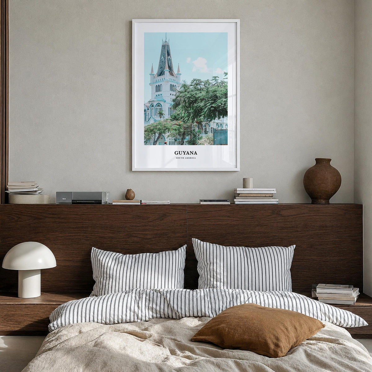 Guyana colorful classic poster of South America – vertical wall art in white wood frame, hanging on wall