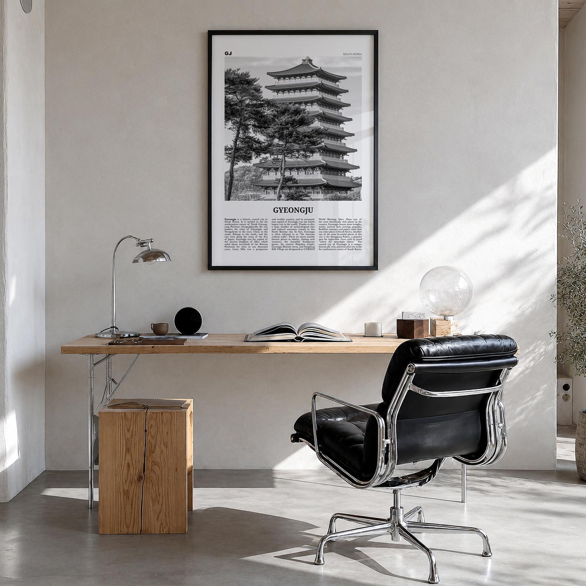Gyeongju black & white newspaper poster of South Korea – vertical wall art in black wood frame, hanging on wall