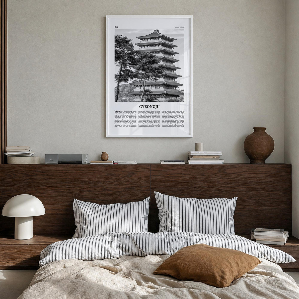 Gyeongju black & white newspaper poster of South Korea – vertical wall art in white wood frame, hanging on wall