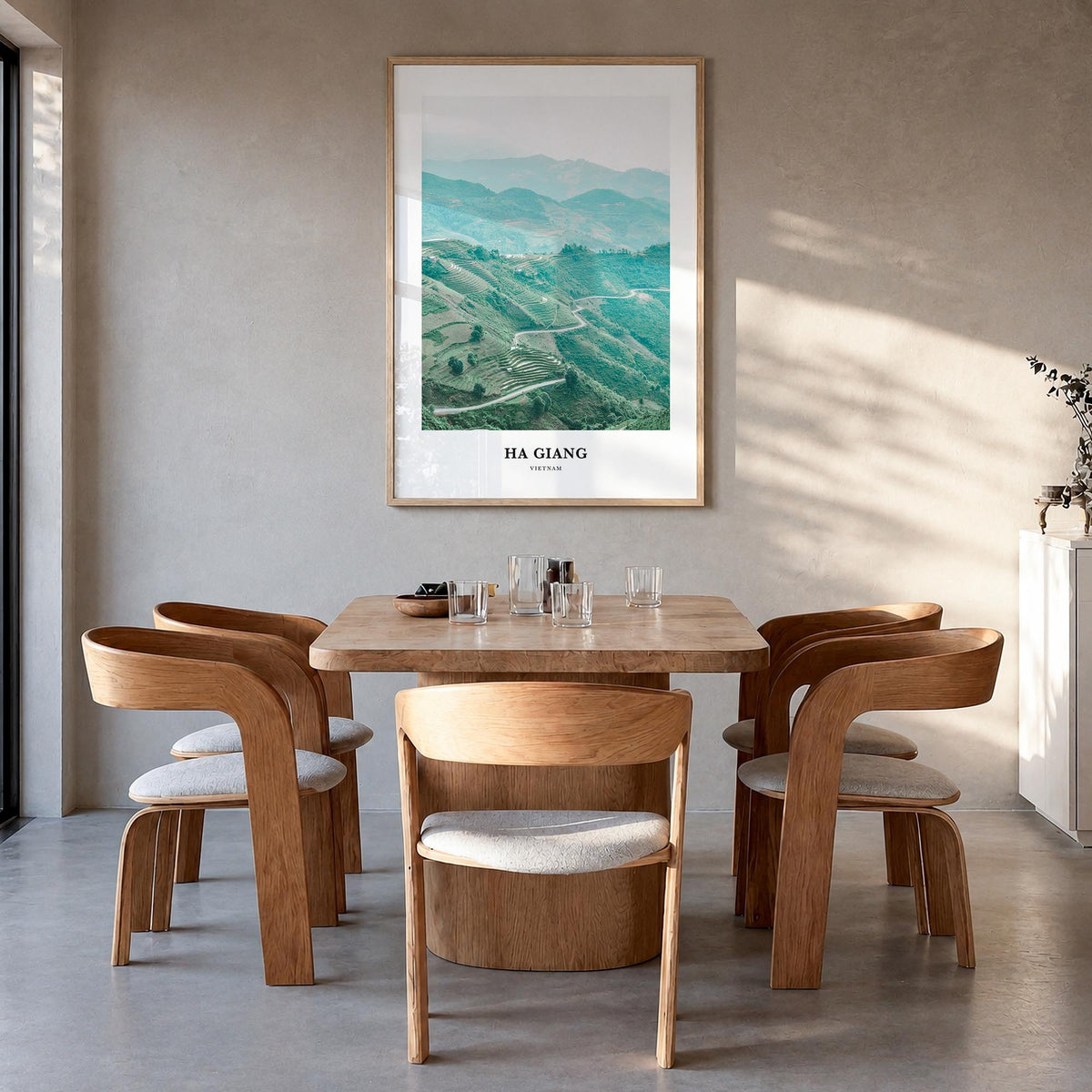 Ha Giang colorful classic poster of Vietnam – vertical wall art in natural wood frame, hanging on wall