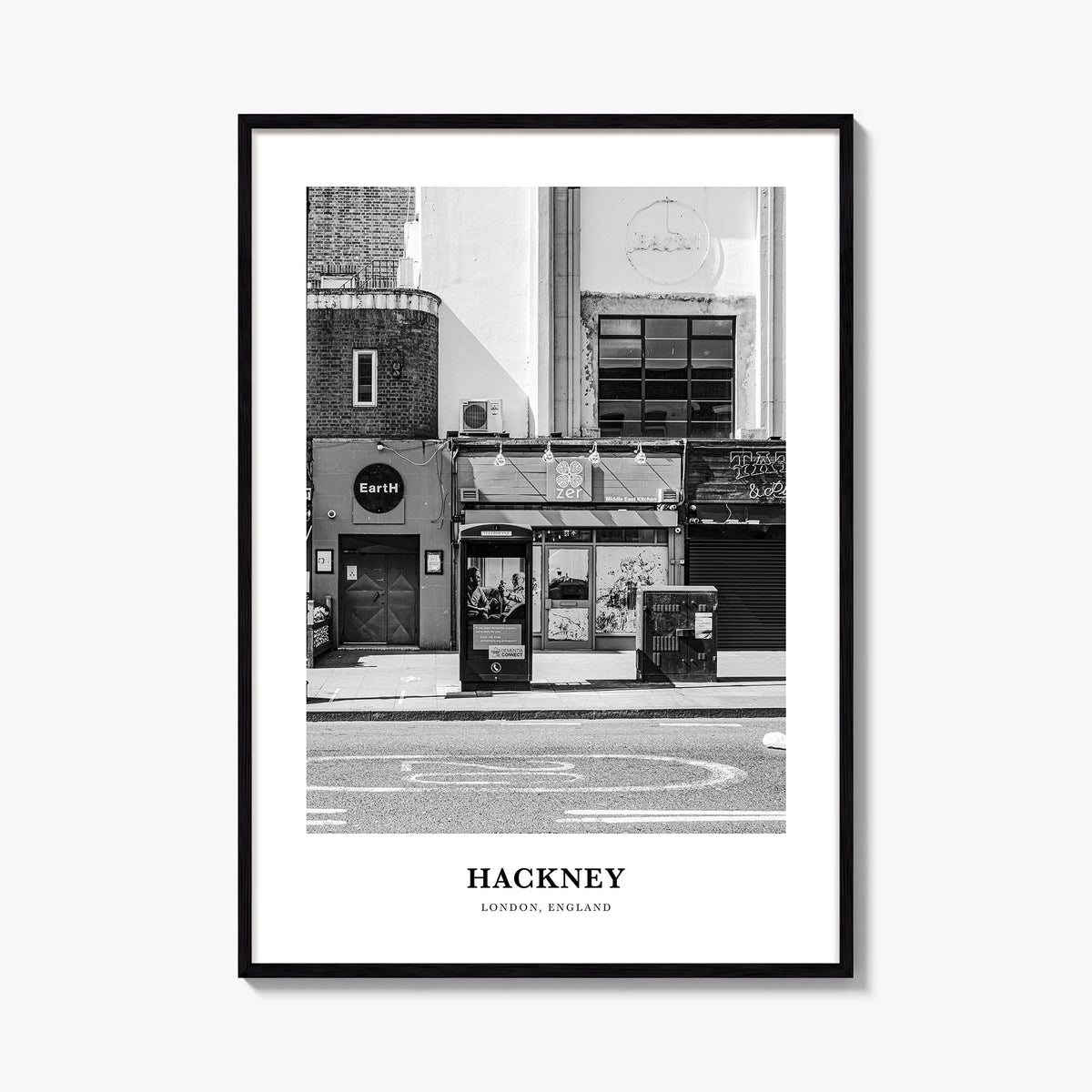 Hackney black & white classic poster of London, England – vertical wall art, unframed print shown in interior mockup