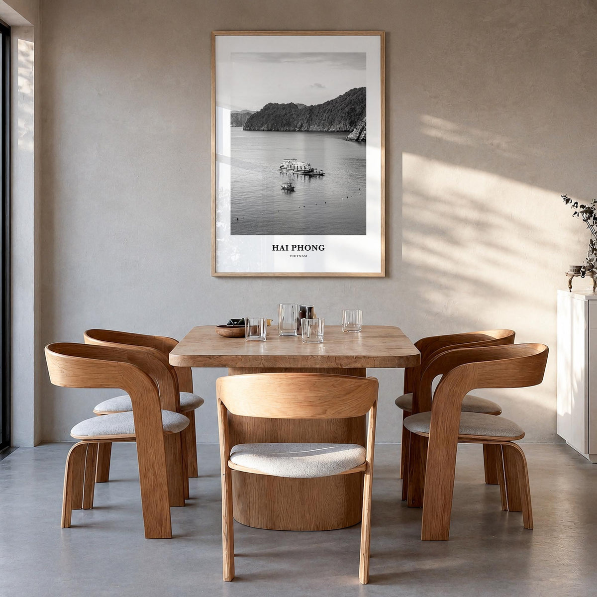 Hai Phong black & white classic poster of Vietnam – vertical wall art in natural wood frame, hanging on wall