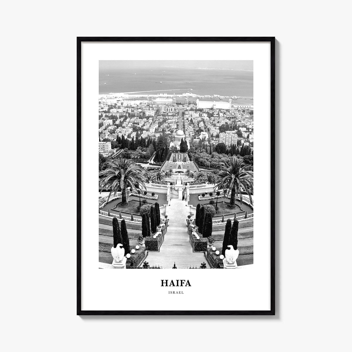 Haifa black & white classic poster of Israel – vertical wall art, unframed print shown in interior mockup