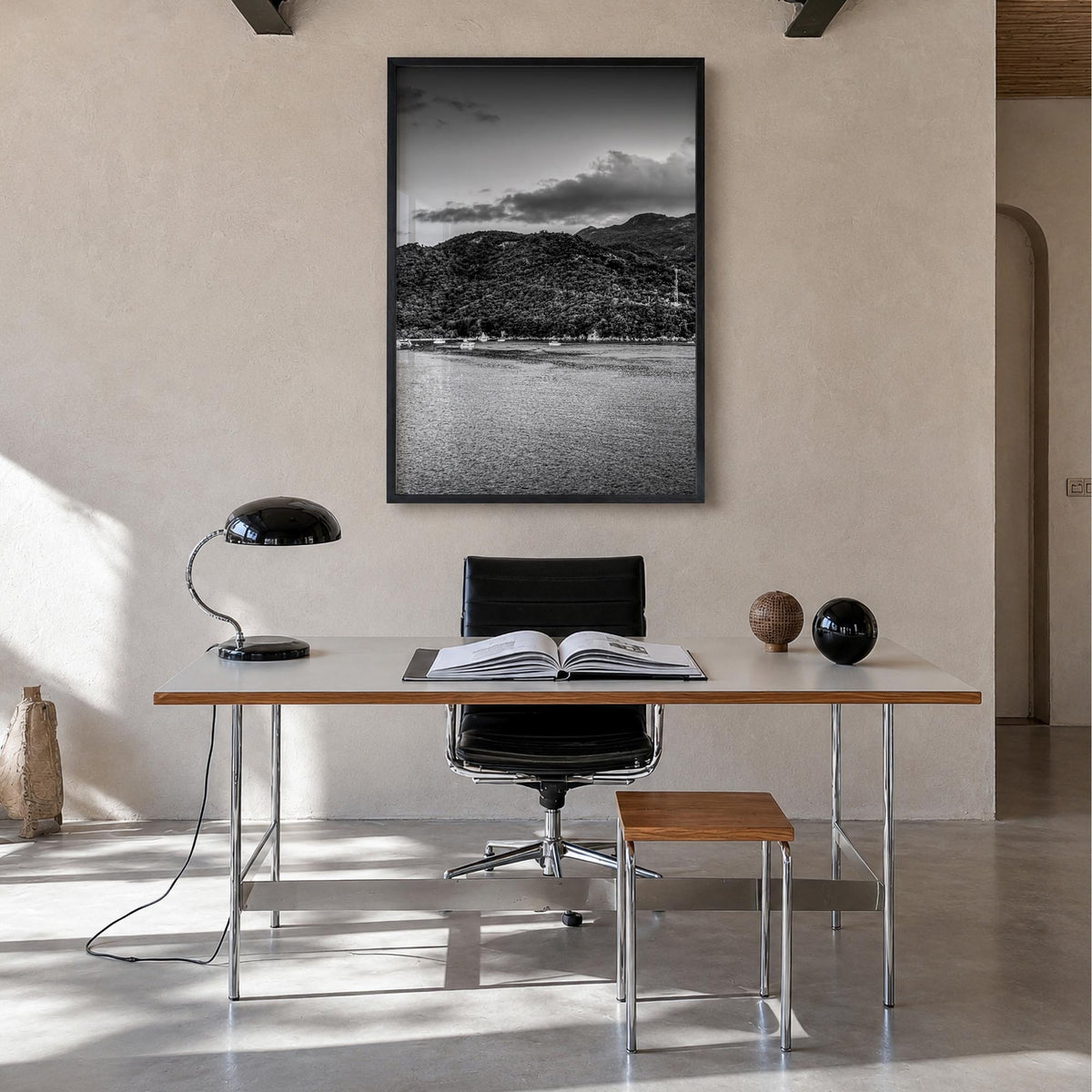 Haiti black & white photo poster of Caribbean – vertical wall art in black wood frame, hanging on wall