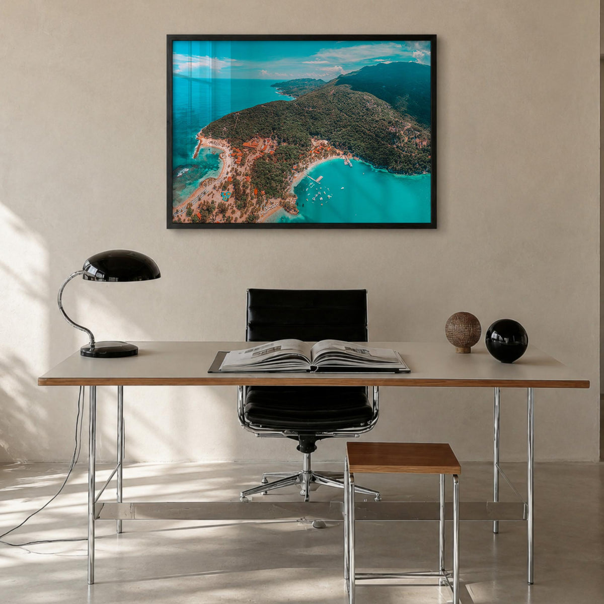 Haiti colorful photo poster of Caribbean – horizontal wall art in black wood frame, hanging on wall