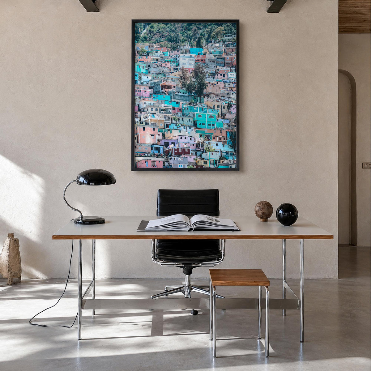 Haiti colorful photo poster of Caribbean – vertical wall art in black wood frame, hanging on wall