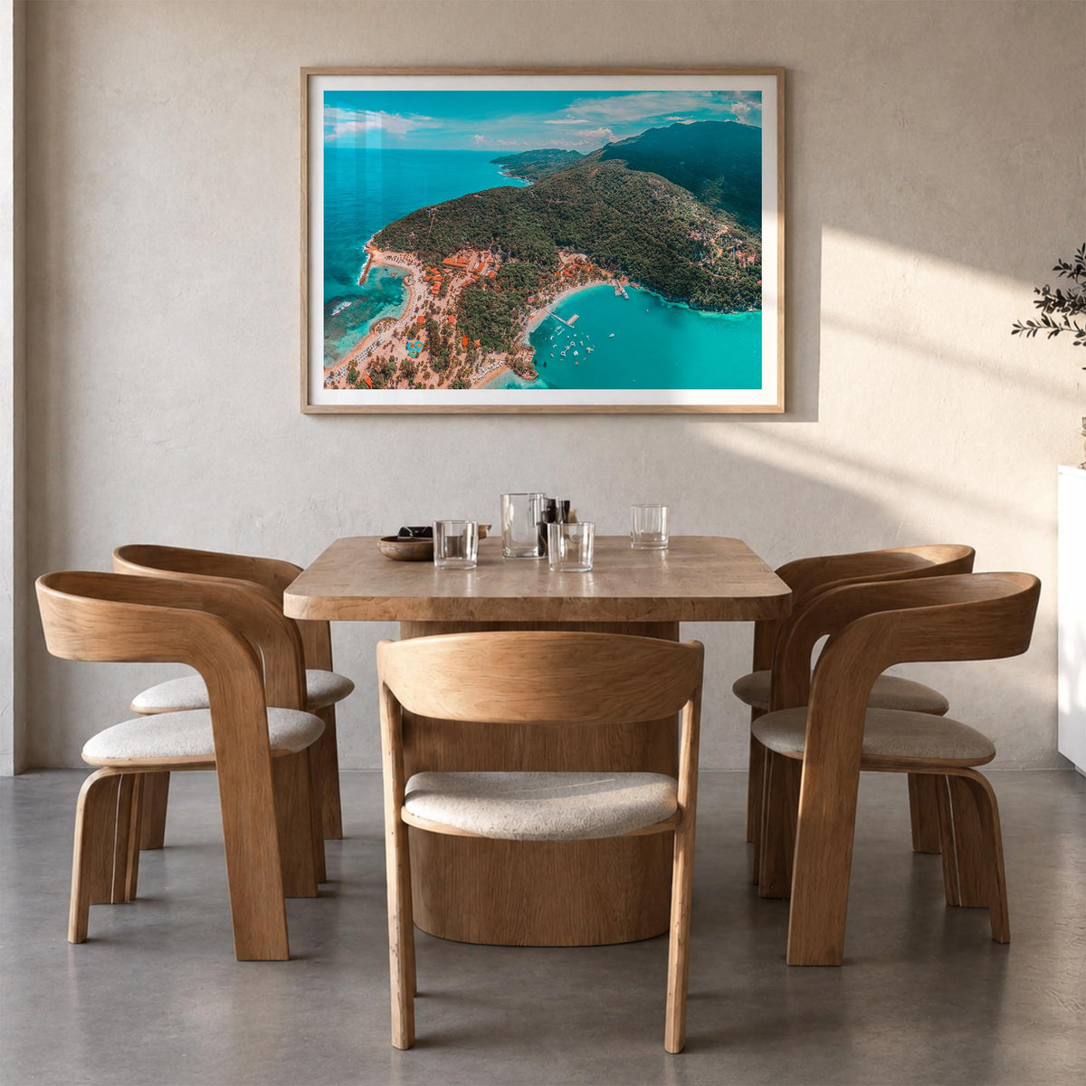 Haiti colorful photo poster of Caribbean – horizontal wall art in natural wood frame with white border, hanging on wall